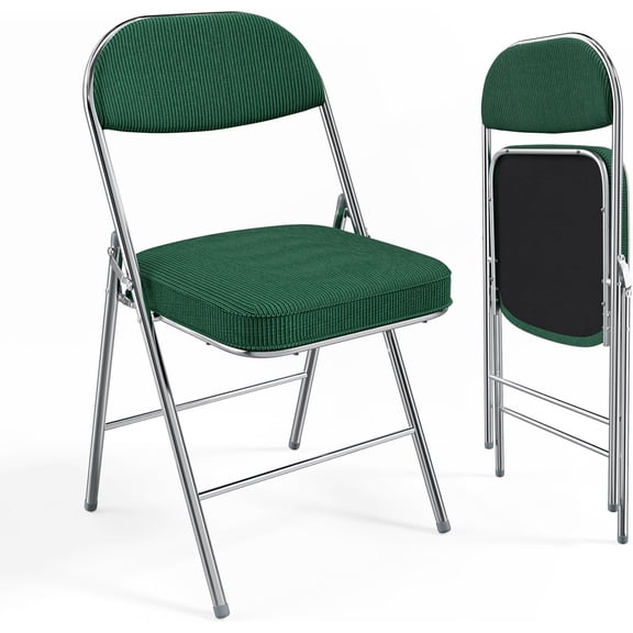 HWong 2 Pack Folding Chairs with Padded Seat & Backrest, Metal Frame, Durable Corduroy Fabric, 350 lbs Capacity, Set of 2, Olive Green Ideal for Weddings, Parties, Office Events