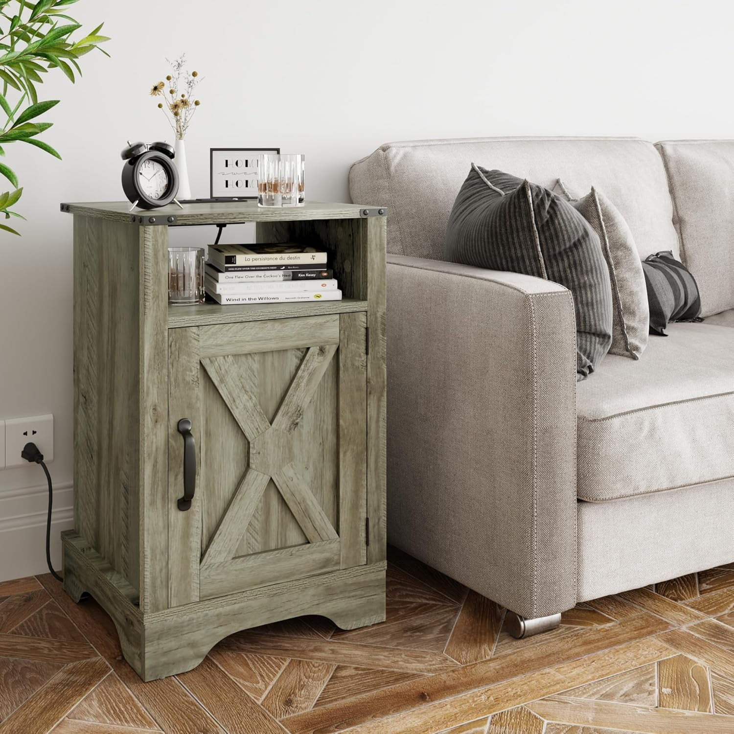 HWong 25" Tall Farmhouse Nightstand with Charging Station, Grey End ...