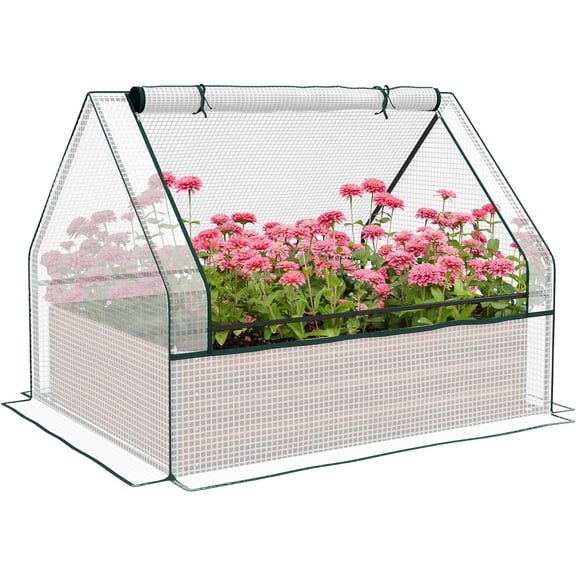 HWong 4 x 3 x 1ft Raised Garden Bed with Mini Greenhouse, Galvanized Outdoor Planter Box with Cover, for Herbs and Vegetables, Use for Patio, Garden, Balcony, White Cover and Brown Planter