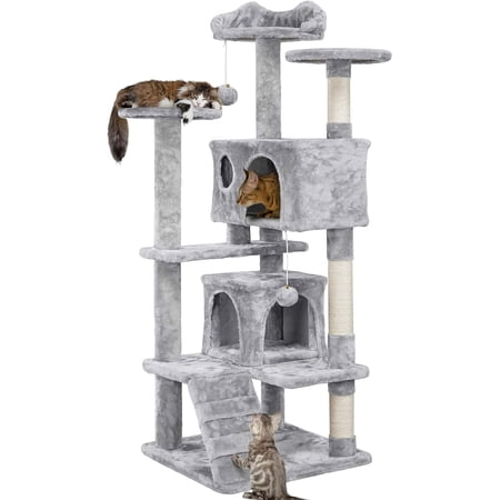 HWong 54in Cat Tree Cat Tower w/Scratching Posts, Double Condos and Dangling Balls Kittens Pet House Play, Light Gray