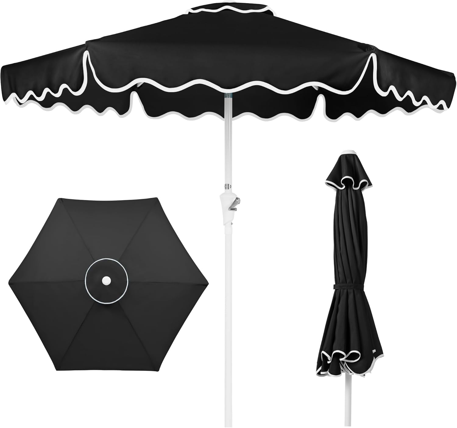 HWong 7.5ft Patio Market Umbrella with Wavy Trim, UV-Fade-Resistant 210g Canopy, Crank & Tilt, Wind Vent, Heavy-Duty Frame - Black