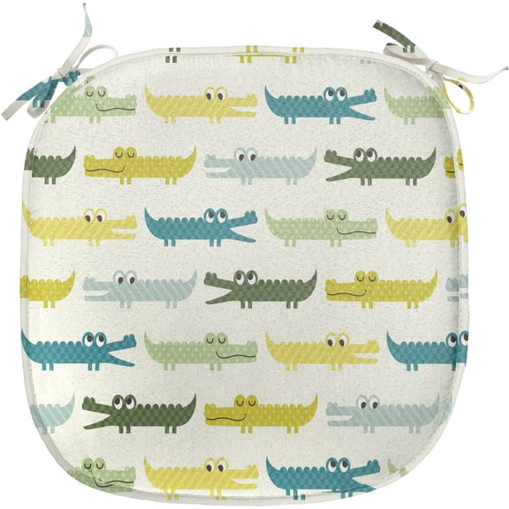 HWong Animal Chair Seating Cushion, Crocodile Characters in Cartoon Style Funny Faces Animal Alligators, Anti-Slip Seat Padding for Kitchen & Patio, 16"x16", Yellow Green Teal
