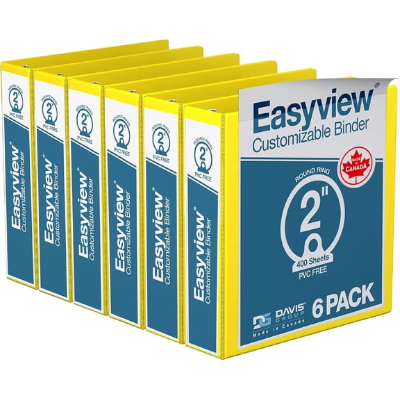 HWong Easyview Premium 3-Ring Binders with Clear-View Covers and Round Rings, Binders for School or Office, 2 Inch, Pack of 6, Yellow