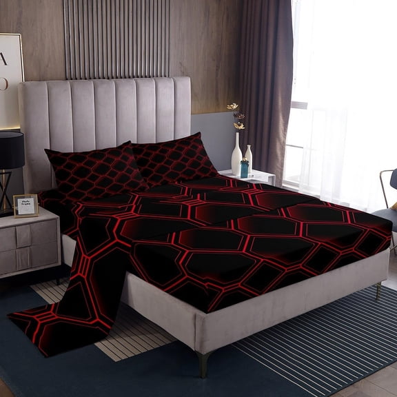 HWong Honeycomb Queen Sheet Set,3D Stereoscopic Red and Black Hexagon Sheets Geometric Hexagonal Beehive Bed Sheets Set,Abstract Art Geometric Room Decor