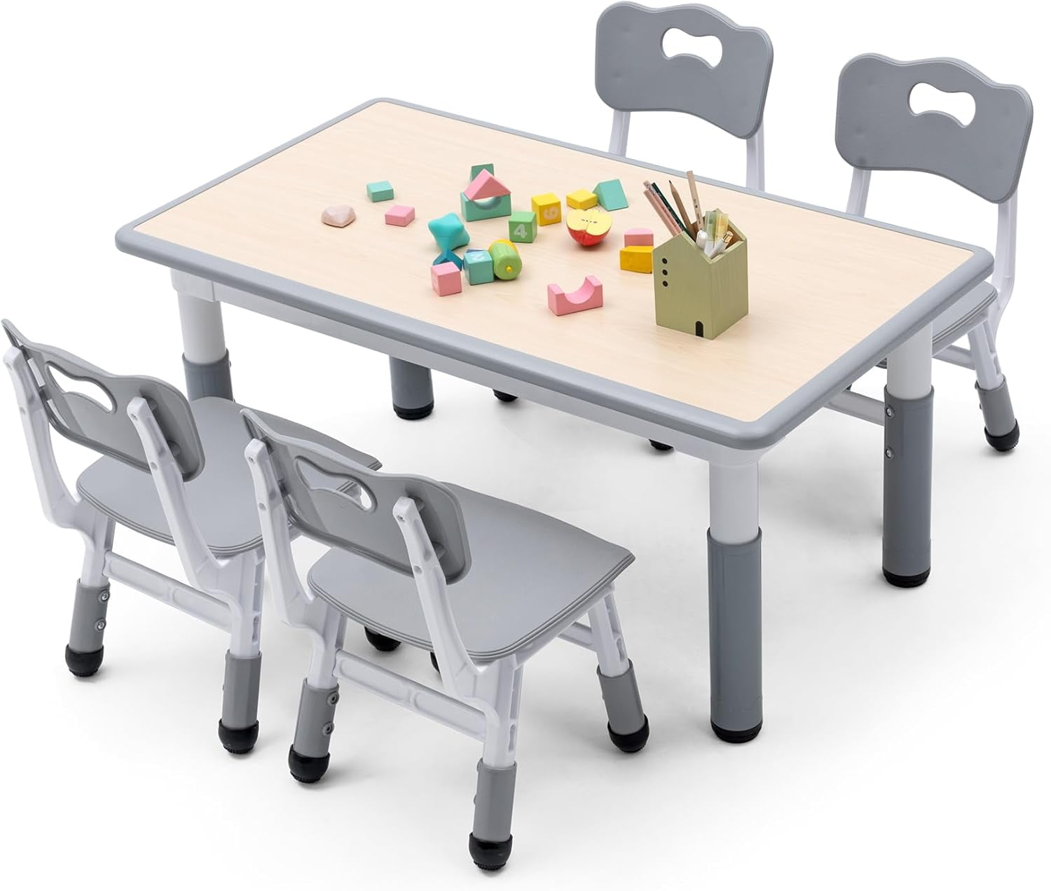 HWong Kids Table and Chairs Set, Height Adjustable Multi-Activity Preschool Table with Graffiti Desktop for Ages 2-8 - Versatile Kids Tables for Play, Learning, and Creativity(Maple Top/Gray Border)