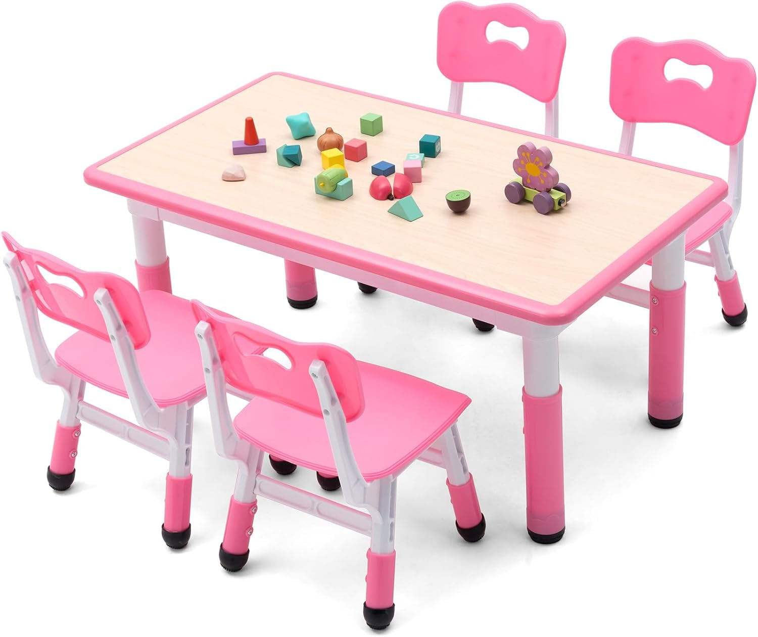 HWong Kids Table and Chairs Set, Height Adjustable Multi-Activity Preschool Table with Graffiti Desktop for Ages 2-8 - Versatile Kids Tables for Play, Learning, and Creativity(Maple Top/Pink Border)