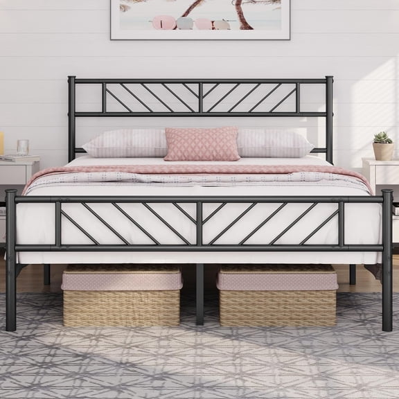 HWong Queen Size Platform Bed Frame with Arrow Design Headboard, 13 Inches Metal Mattress Foundation for Storage, No Box Spring Needed, Easy Assembly, Modern, Black