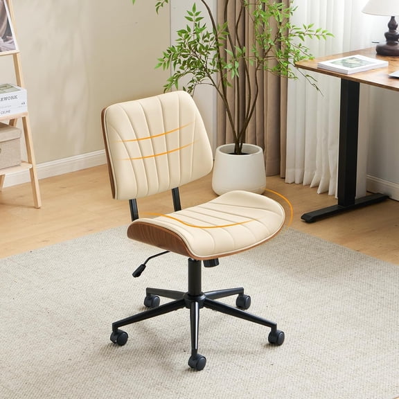 HWong Wide Curved Seat&Back Armless Home Office Chair,Ergoromic Adjustable-Height Desk Chair,Swivel&Tilting Function,Stylish Walnut Task Chair for Meeing Room,Dining Room,PU,Khaki