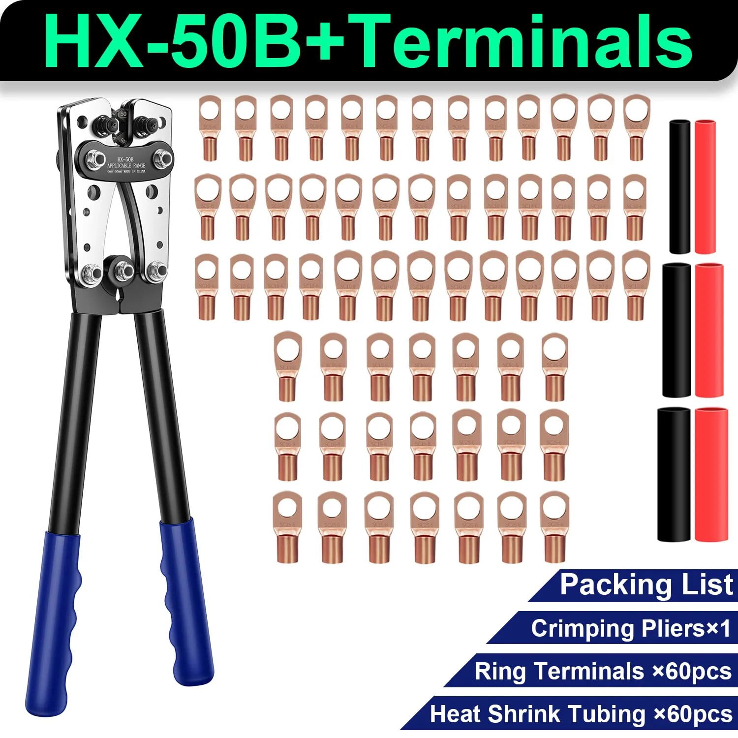 HX-50B 6-50mm² Battery Cable Lug Crimping Tool  AWG 10-1/0 Heavy Duty Wire Lug Tube Terminal Crimper Hex Crimp Tools Pliers
