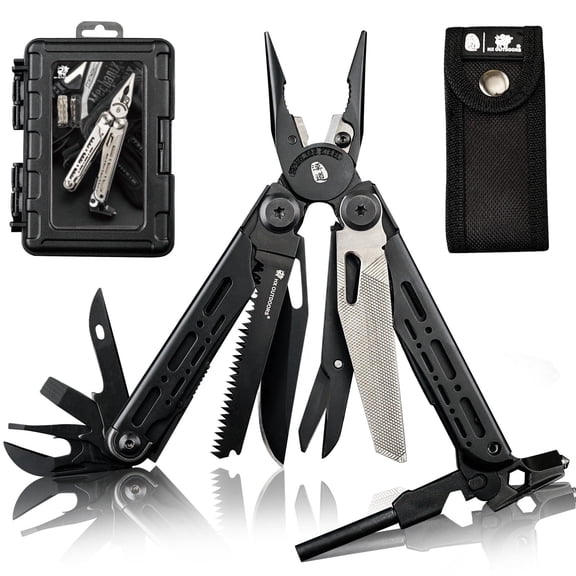 HX OUTDOORS 19 In 1 Pocket Multi Tool, Stainless Steel Multitools Pliers with Fire Starter and Glass Breaker, Folding EDC Camping Survival Tools for Men (Black)