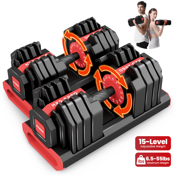 HXD-ERGO 15 in 1 Adjustable Dumbbell Weight, 1-Second Quick Change Weights, 55/110 LBS Free Weights with Anti-Slip Grip & Secure Lock, Space-Saving Home Gym Equipment for Men Women Full Body Workout