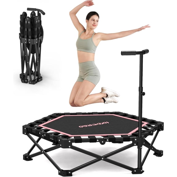 HXD-ERGO 42'' Foldable Mini Trampoline, Rebounder Trampoline with Adjustable Foam Handle, Fitness Trampoline for Indoor, Outdoor, Home Gym, Max Load 460lbs
