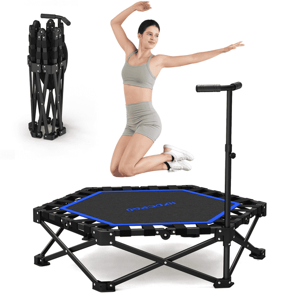 HXD-ERGO 42'' Foldable Mini Trampoline, Rebounder Trampoline with Adjustable Foam Handle, Fitness Trampoline for Indoor, Outdoor, Home Gym, Max Load 460lbs