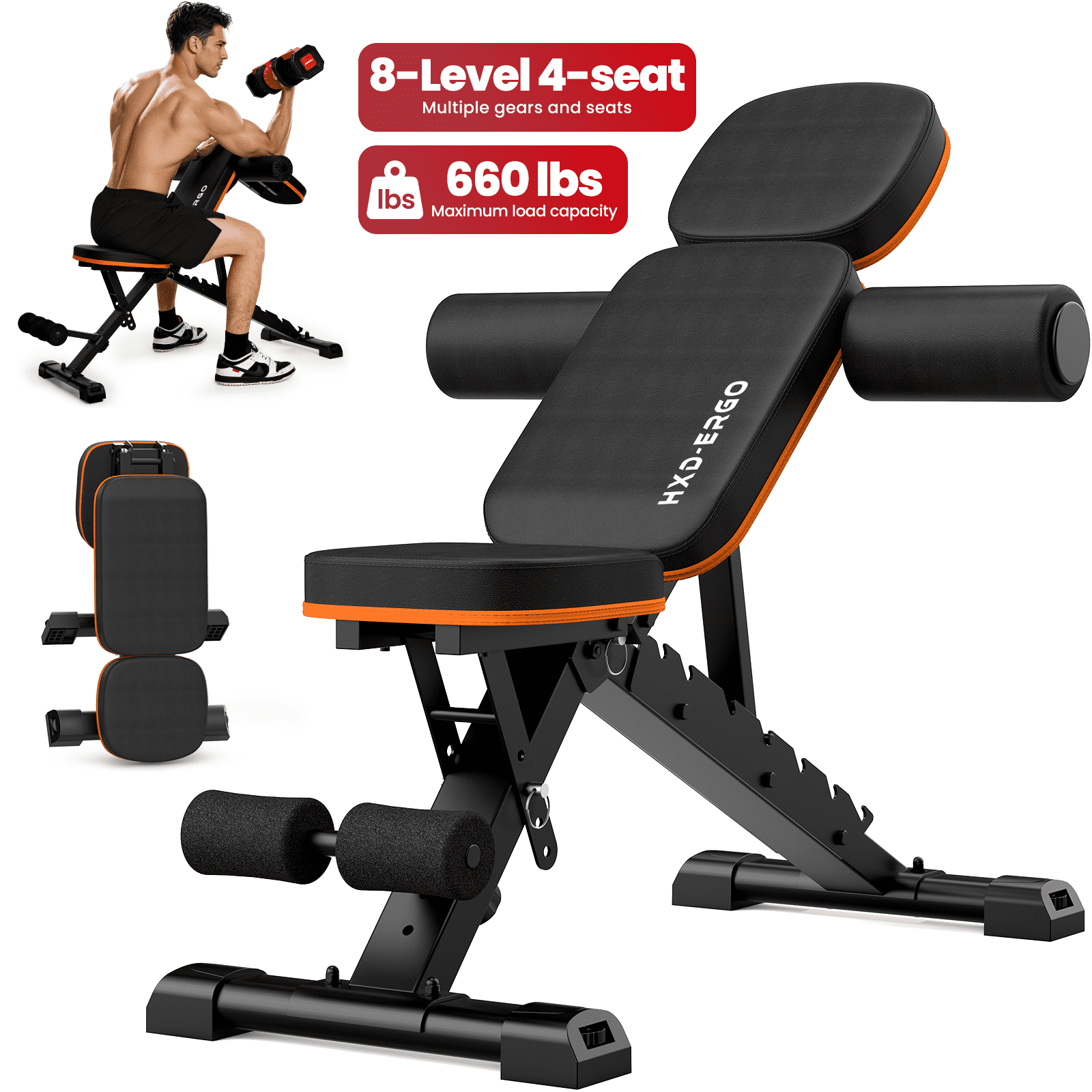 Foldable Training Rig HXD-ERGO 660 lbs Capacity Adjustable Weight Bench, Foldable Incline ...