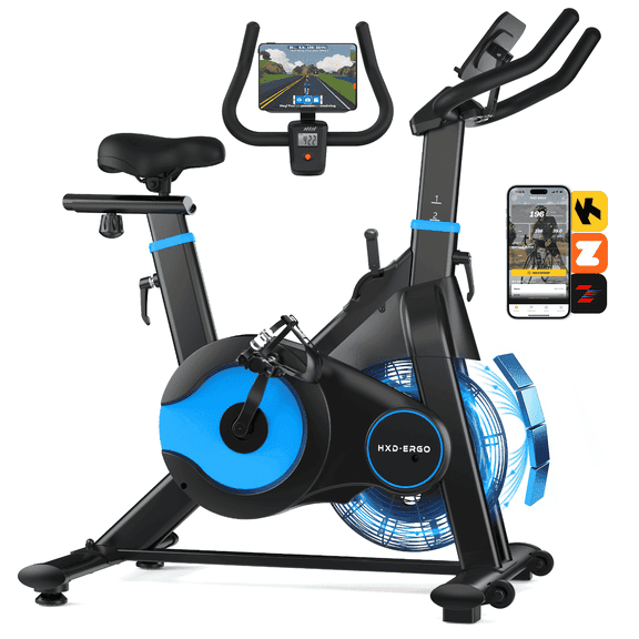HXD-ERGO Exercise Bike, Air & Magnetic Resistance Stationary Bike for Home, Silent Belt Drive, App Compatible Cycling Bike with LCD Monitor, 350lbs Capacity Workout Bike