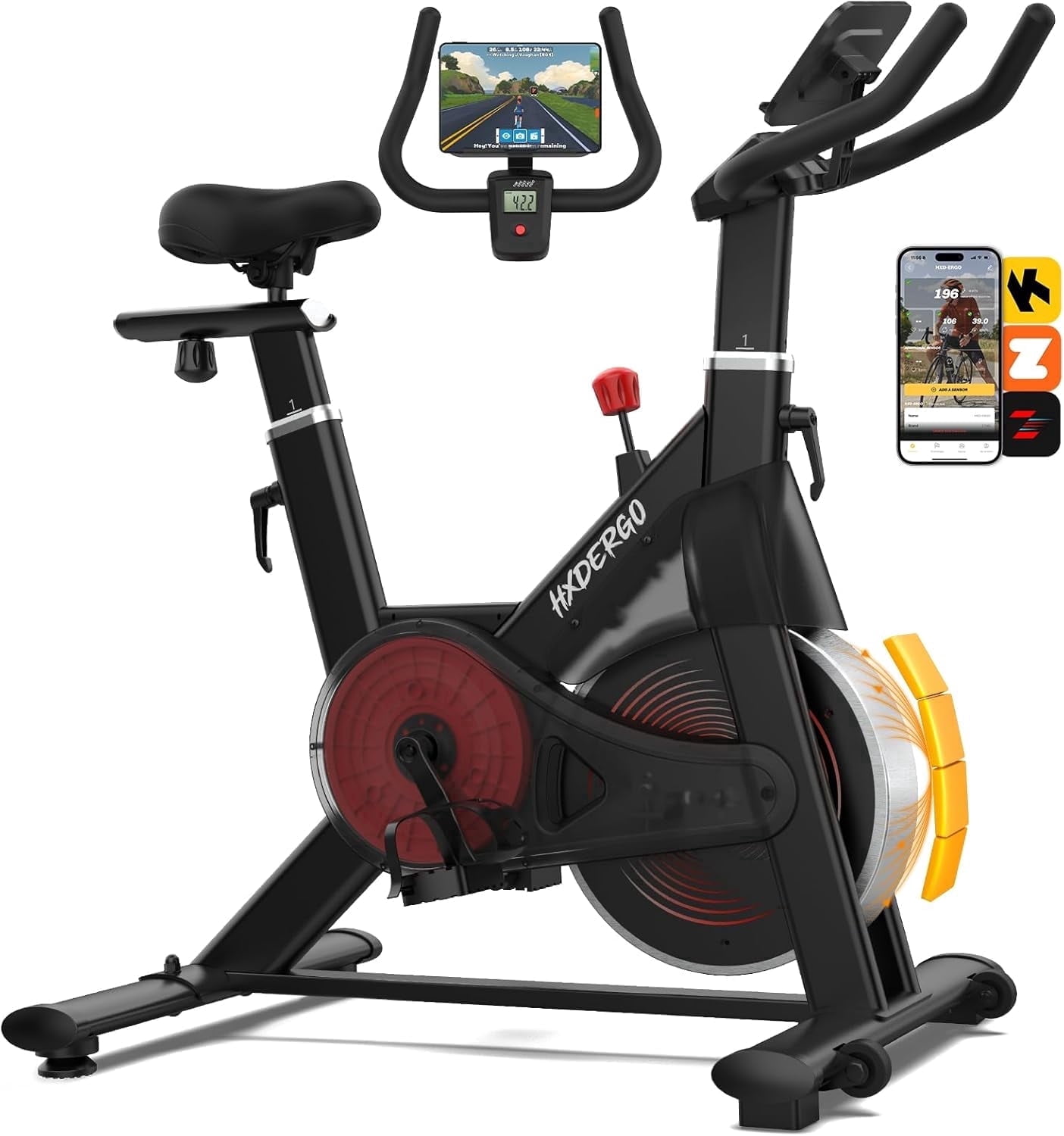 HXD-ERGO Exercise Bike Magnetic Home Stationary Bike with Free App Quiet Indoor Cycling Bike with 350lbs,with LCD Monitor Height-Adjustable Padded Seat