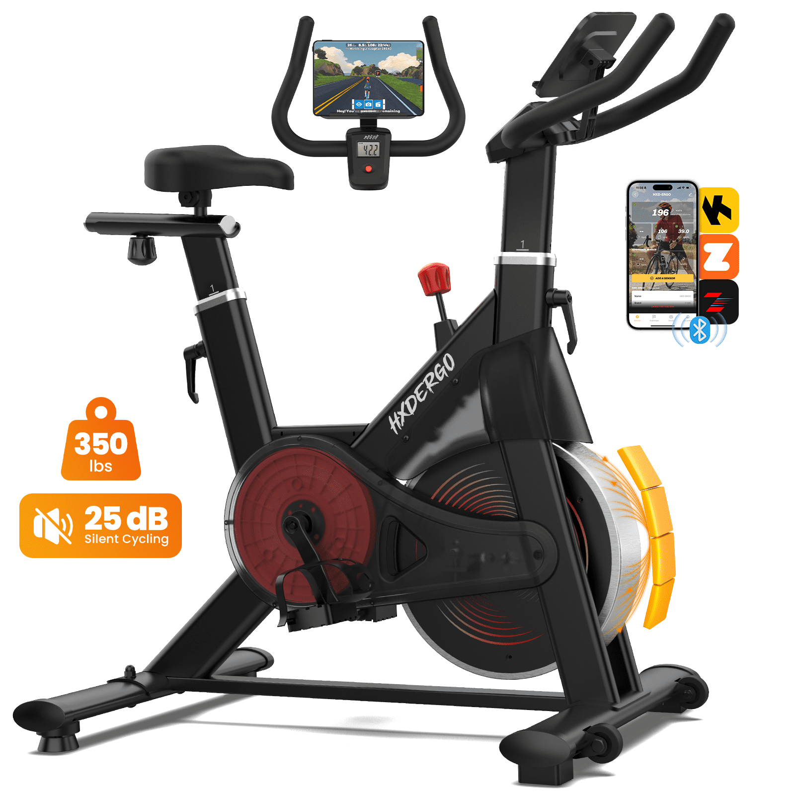 HXD-ERGO HXD-ERGO Exercise Bike Magnetic Home Stationary Bike with Free App Quiet Indoor Cycling Bike with 350lbs,with LCD Monitor Height-Adjustable Padded Seat