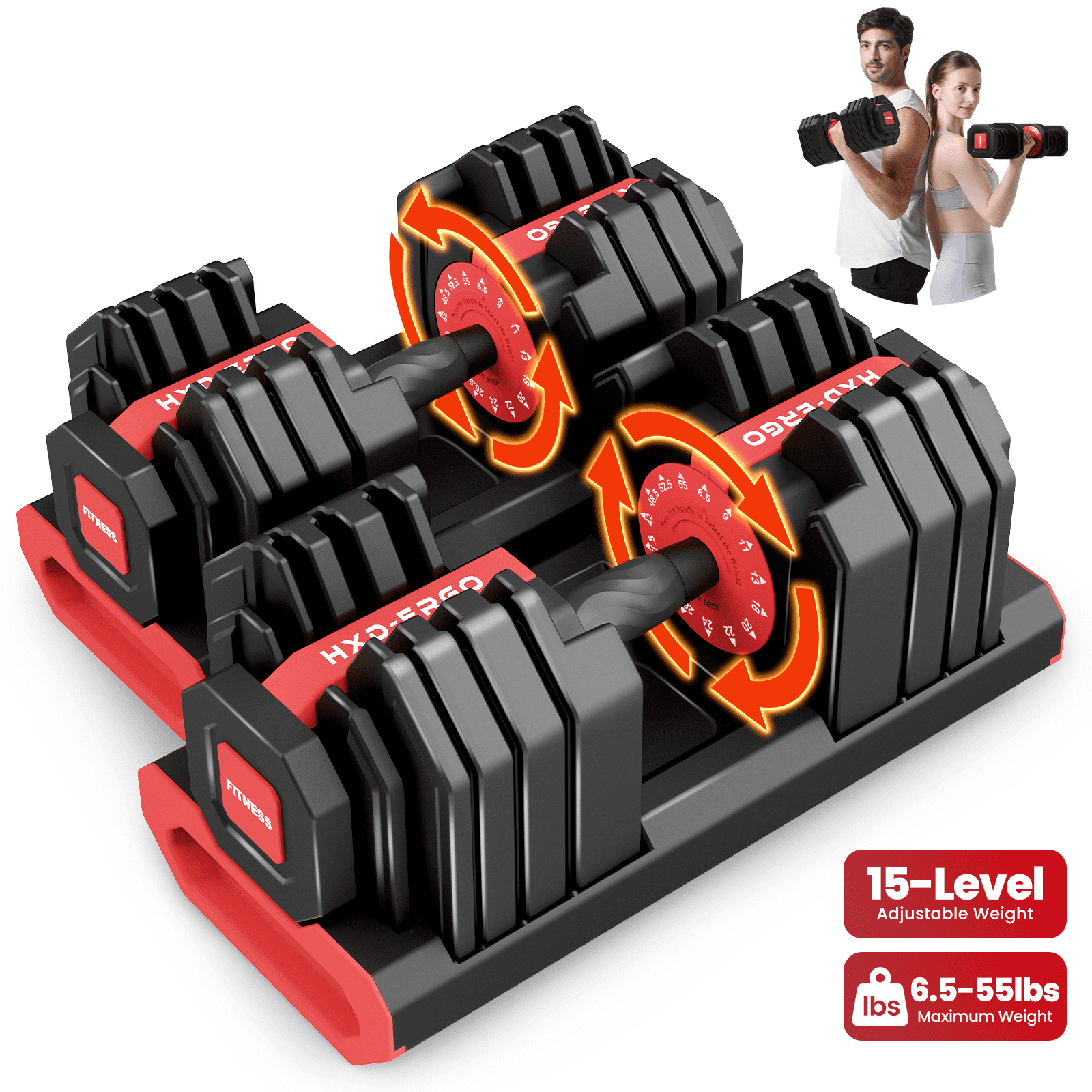 HXD-ERGO HXD-ERGO 15 in 1 Adjustable Dumbbell Weight, 1-Second Quick Change Weights, 55/110 LBS Free Weights with Anti-Slip Grip & Secure Lock, Space-Saving Home Gym Equipment for Men Women Full Body Workout