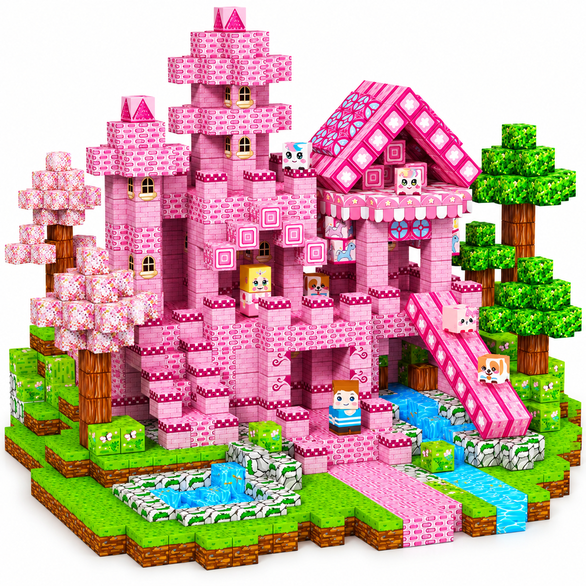 HXFOU 150PCS Pink Castle Magnetic Building Blocks for Kids, STEM Magnetic Cubes Blocks Toyfor Kids Ages 3+