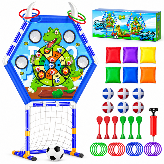 HXFOU 5-in-1 Kids Outdoor Toss Game Set with Soccer Goal Ring Toss Dart Board Indoor Outdoor Toys Ages 3+