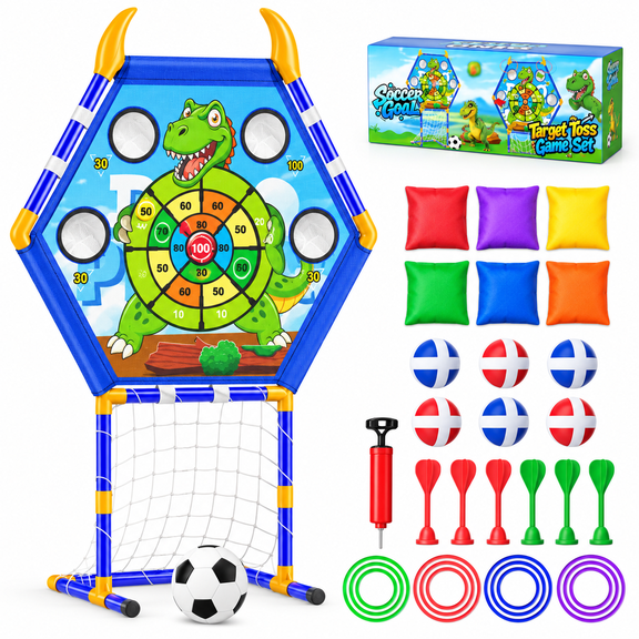 HXFOU 5-in-1 Kids Outdoor Toss Game Set with Soccer Goal Ring Toss Dart Board Indoor Outdoor Toys Ages 3+