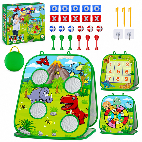HXFOU Dinosaur Bean Bag Toss Game, 4-in-1 Outdoor Yard Toys for Kids Ages 3-12