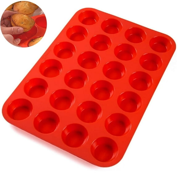 HXRH 1 Pack Silicone Cupcake Mold,24 Cups Muffin Pan,Non-stick Baking Pan,Round Small Egg Bite Molds,Mini Tray,Great for Making Tart, Bread, Chocolate, Cookies (Red)