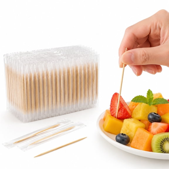 HXRH 1000Pcs Bamboo Wooden Toothpicks 2.56 inch Individually Wrapped Double Points Disposable Appetizer Picks Smooth & Eco-Friendly Cocktails Picks for Home Restaurant and Travel