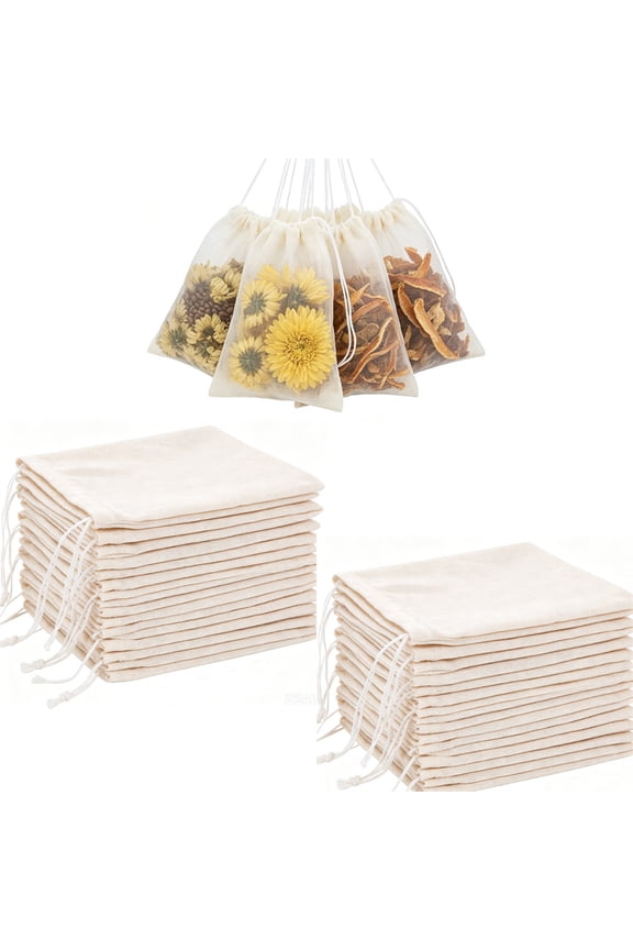 100Pcs Cotton Drawstring Tea Filter Bags 4 x 3 inch Reusable Tea Bags Spice Bags for Cooking Soups Multipurpose Linen Pouch for Storage