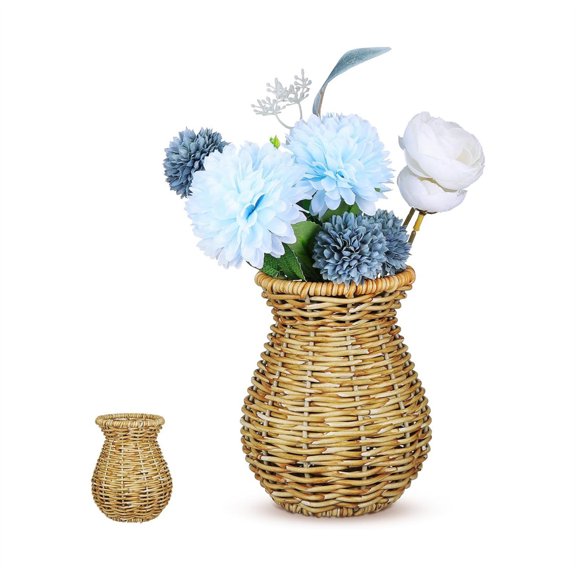 HXRH 1Pcs Woven Rattan Flower Vase Unique Imitation Rattan Decorative Vase Elegant Natural Design for Fresh Faux Flowers for Home Office Balcony Wedding (Light Brown)