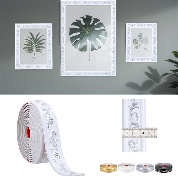 HXRH 1Roll Crown Molding Peel&Stick Foam 6.56Ft Self Adhesive Crown Molding Wallpaper Border Flexible for Home Decor Edge Background(White Silver)
