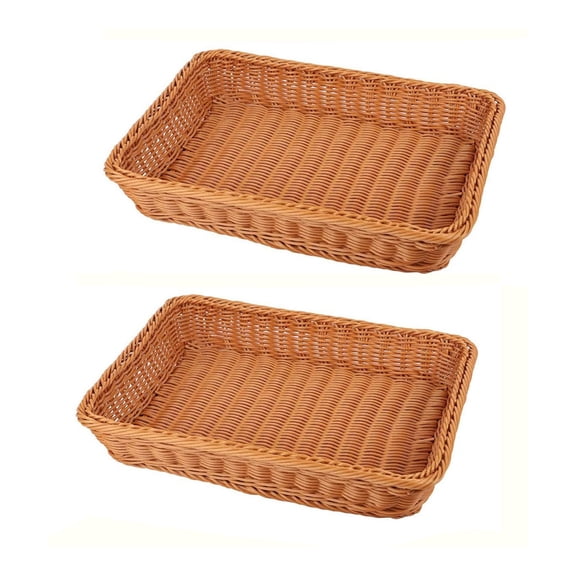 HXRH 2 Pack Rectangular Wicker Bread Basket Plastic Fruit Trays 12 inch Large Proofing Basket Sundries Storage Holder Tabletop Stackable Food Serving Basket for Home Bakery