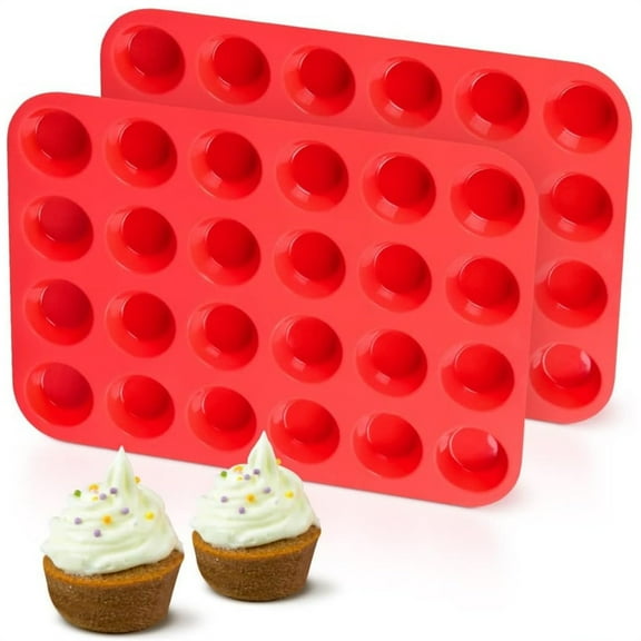 HXRH 24 Cups Cupcake Pans,2 Pack Silicone Muffin Mold,Red Round Egg Bite Molds,Small Kitchen Baking Tool,for Mini Cake Chocolate Cookies Bread Tart Making,Dishwasher Safe