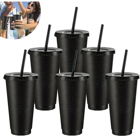 HXRH 24 oz Glitter Plastic Cups,6 Pack Reusable Iced Coffee Tumblers with Lids and Straw,Frosted Water Mug,Travel Favor Cups,for Wedding Birthday Summer Party (Black)