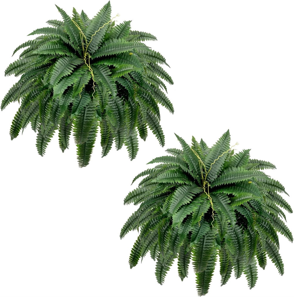 HXRH 2Pcs Artificial Fern Plants 24 Inch Realistic UV Resistant Artificial Boston Ferns Large Hanging Fake Plant Wall Decor for Garden Porch Patio Home Decor