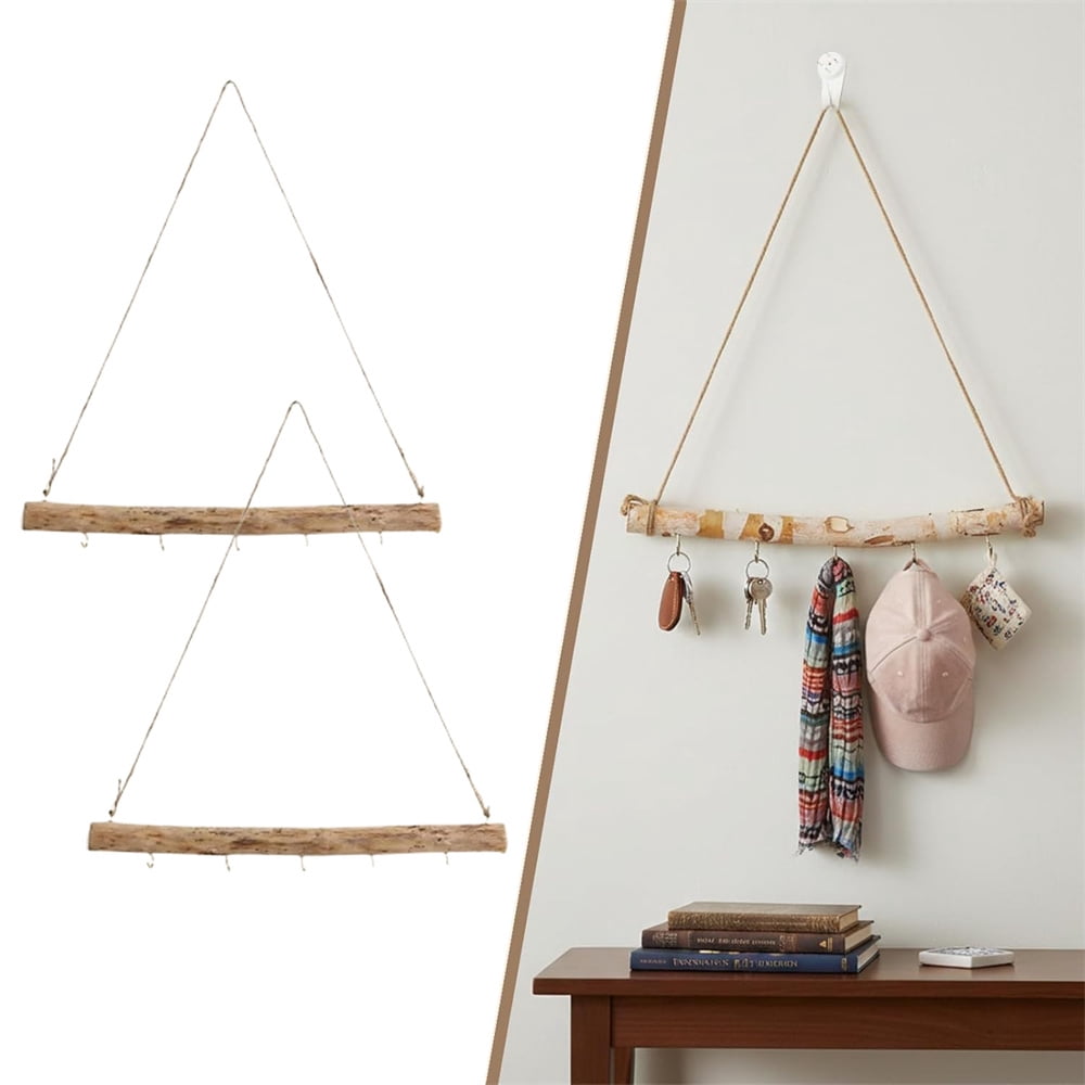 HXRH 2Pcs Driftwood Wall Hanging Jewelry Hanger 16 InchRustic Wood Hanger Tree Branch Jewelry Organizers with 5 Hooks Decor Craft