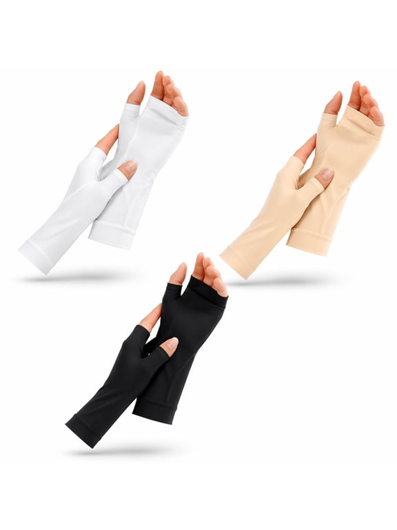 3 Pairs Elderly Skin Thin Protector Gloves Driving Sun Block Gloves Men and Women Fingerless Gloves Bruise Abrasions Protective Covering(Black/White/Skin Color)