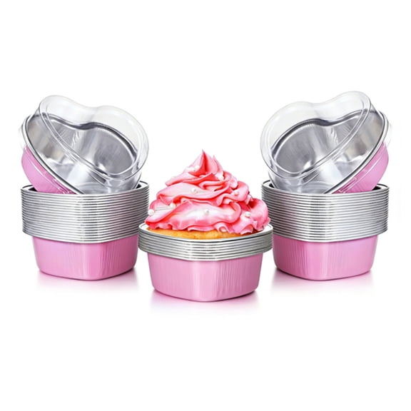 HXRH 30Pcs Heart Shaped Cake Pans with Lids Disposable Mini Cupcake Cup Flan Baking Cups for Valentines Wedding Birthday Mother's Day Party Decor