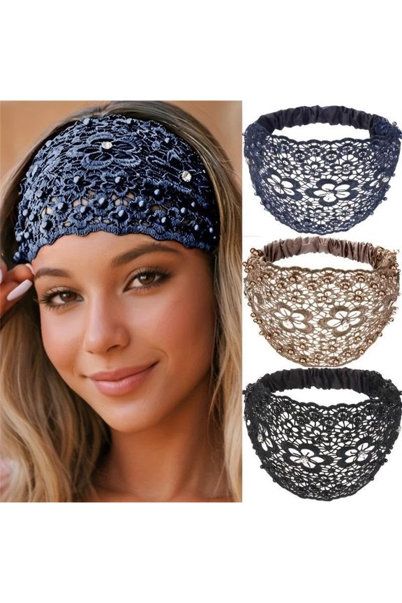 3Pcs Boho-Chic Crystal & Pearl Stylish Embellished Wide Lace Headbands Elegant Hollow Wide Headband Hair Accessories for Daily Wear and Various Holidays