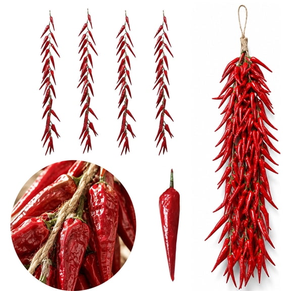 HXRH 4Pcs Chili Pepper Hanging String Photography Props 24 Inch Long Artificial Dried Chili Strings Lifelike Fake Vegetable Wall Decoration for Home Office Kitchen Harvest Decoration