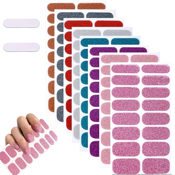HXRH 8 Sheet Full Nail Wraps Gel Nail Stickers Sparkly Glitter Powder Design Nail Polish Stickers Stick On Nails Polish Strips for Women Girls Nail Art