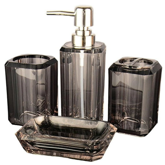 HXRH Acrylic Bathroom Accessories Set,4 Pieces Clear Lotion Bottle Toothbrush Holder Soap Dish,Soap Dispenser Mouthwash Cup Set,Senior Bathroom Home Decor (Gray)