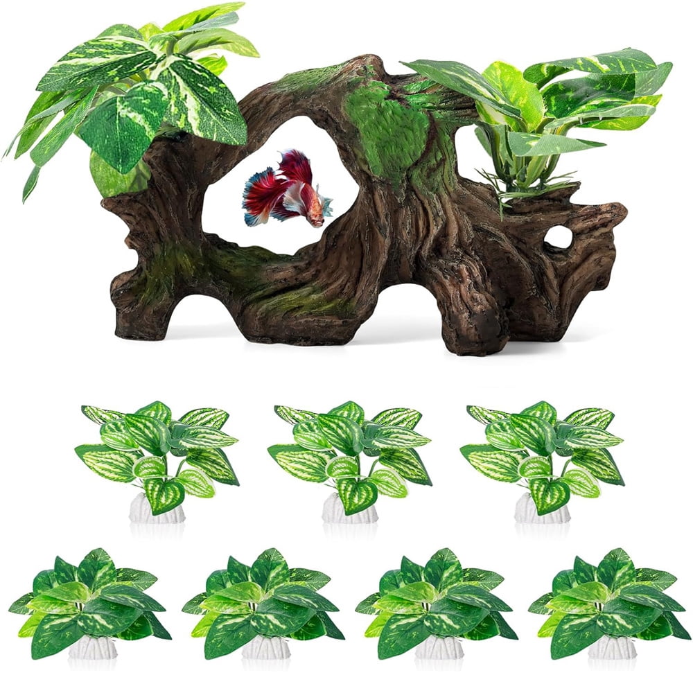 HXRH Fish Tank Decorations Aquarium Decor Ornaments Silk Aquarium Plants and Hollow Tree Trunk Decor for Betta Fish Tank Accessories