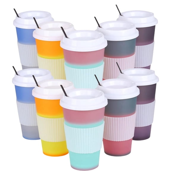 HXRH Reusable Coffee Cups with Lids,10 Pcs Hot Color Changing Plastic Cup,16 Oz Travel Leak-Proof Tumblers,Durable & Splash-Proof Water Tumblers,for Parties and Birthday (Multicolor)