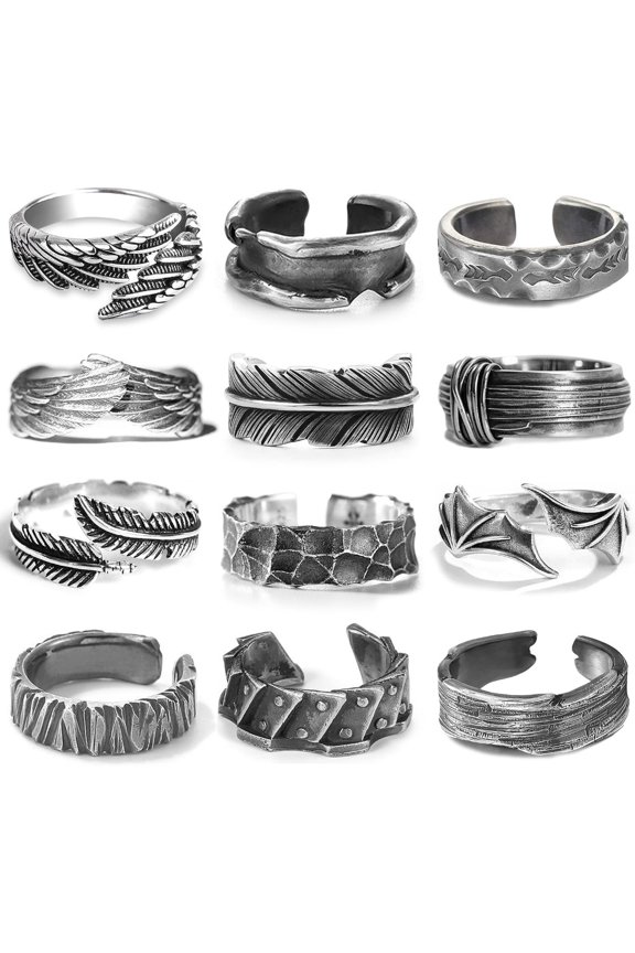 12Pcs Vintage Open Adjustable Rings Set, Retro Antique Silver Feather Wing Pattern Stackable Band Rings, Gothic Punk Alloy Finger Jewelry Accessories for Daily Party Wear