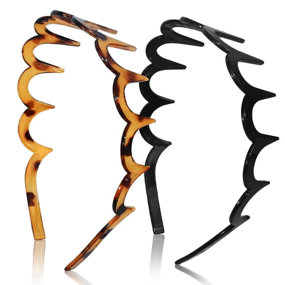HXRT 2 Pack Wave Teeth Headbands, Non Slip Wide Hair Bands, Resin Hair Hoops Fashion Hair Accessories for Daily Makeup Sports Washing Face, Tortoise Brown & Solid Black