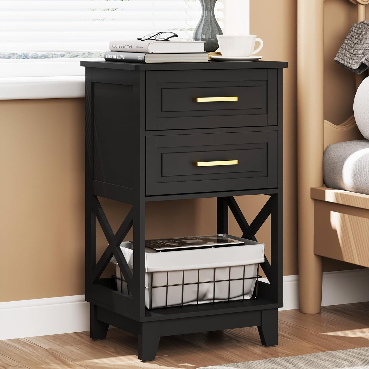 Modern Nightstand With Charging Station - 2 Drawers & Open Shelf, Mid Century Black Design