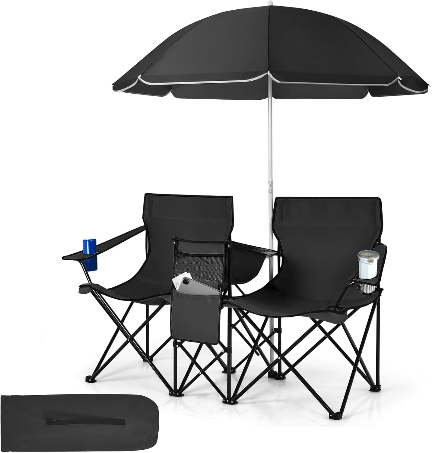 HXULER Double Camping Chairs with Umbrella, Portable 2 Seat Folding