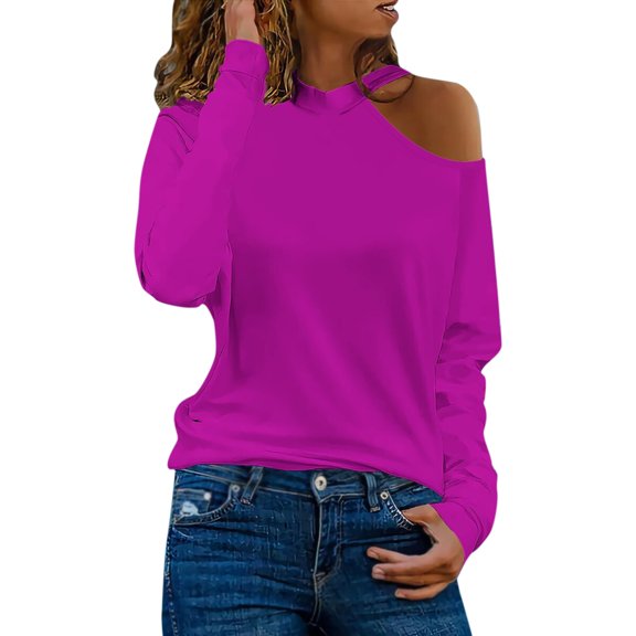 HXWCHs 2023 Spring Autumn Women's off Shoulder Long Sleeve Solid Color Casual top Blouse M Hot Pink