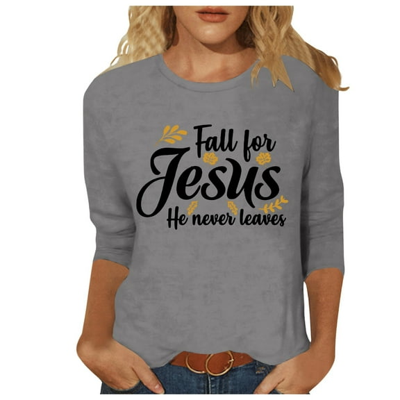 HXWCHs 2024 Women's Thanksgiving Alphabet Print Quarter Sleeve Crew Neck Pullover Casual Tee top Grey L